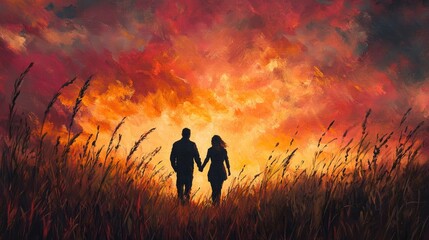 Fototapeta premium Love in nature: Couple hand in hand walking through tall grass, sunset hues painting the sky behind them.