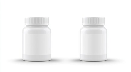 White plastic bottle with cap, white background, front view and side view. The image of the medicine pill box is on an isolated white background. There is space for text or design. White color