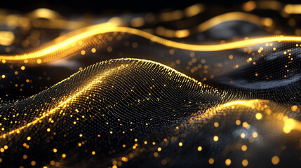 Elegant golden data lines weaving through a high-tech cybernetic interface, creating intricate geometric patterns with metallic textures and dramatic lighting against a dark background.