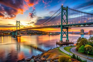Fototapeta premium Halifax Harbour Angus L. Macdonald Bridge Suspension Bridge Nova Scotia Canada Landscape Stock Photo