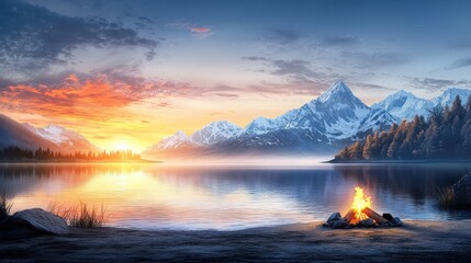 Naklejka premium A family enjoying an evening around a campfire by a serene lake, with mountains in the background, and the calm water reflecting the sunset hues.