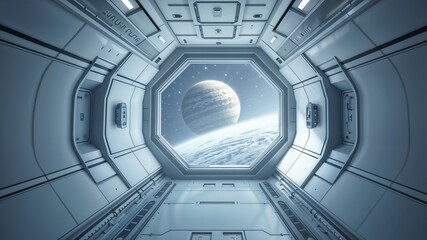 Futuristic spaceship hallway, featuring a large octagonal viewport showcasing a gas giant planet and a smaller, cloud-covered planet in orbit. Sci-Fi architectural visualization.
