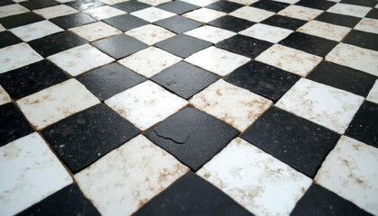 Old and dirty checkerboard floor tiles background, rustic and worn, black and white contrasting tiles