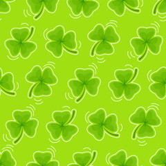 Green seamless pattern of shamrock with white outline for St. Patrick's Day