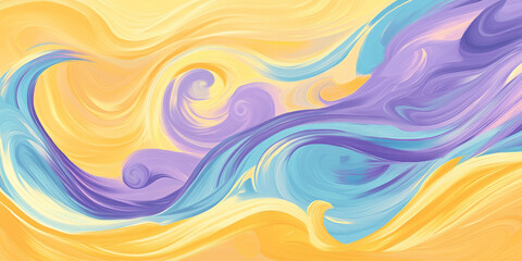 Obraz premium A non-seamless background of swirling waves in sunshine yellow, lilac, and chambray blue, creating an energetic yet calming effect.