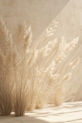 Close-up of ornamental pampas grass in neutral beige tones with dramatic shadow patterns, creating minimalist natural design aesthetic. Generative AI