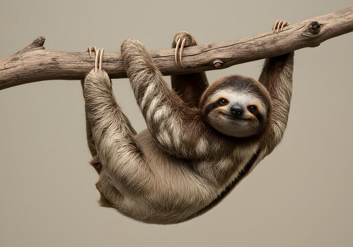 Sloth with a content, peaceful smile, lazily hanging from a branch, set on a muted beige background