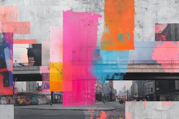 Vivid urban landscape showcasing street art and colorful murals under a bridge in a city setting
