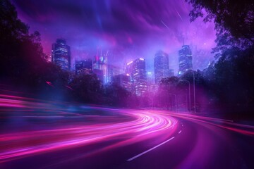 Fototapeta premium Urban Pulse collage design captures the vibrant energy of city life at night with neon colors and dynamic movements