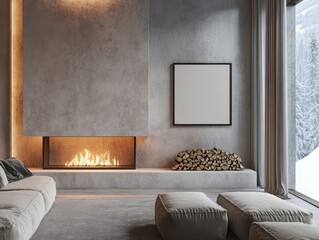 A living room with a fireplace and a white picture frame