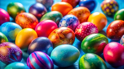 Fototapeta premium Happy Easter Eggs Blue Background - Festive Spring Holiday Decoration Stock Photo