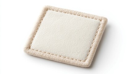 Eco-friendly square fabric label with stitched edges, perfect for branding or garment tagging, showcasing a clean and minimalist design on a white background