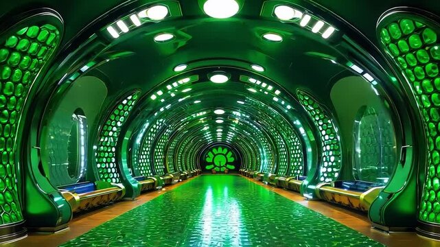 A long hallway with green lights in a building