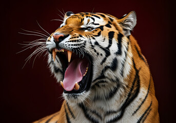 Fototapeta premium Tiger with a fierce roar, mouth wide open, fangs visible, against a dark red background