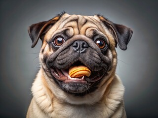 Obraz premium Happy Pug Dog Enjoying Tasty Treats, Isolated Grey Background - Purebred Pet Stock Photo