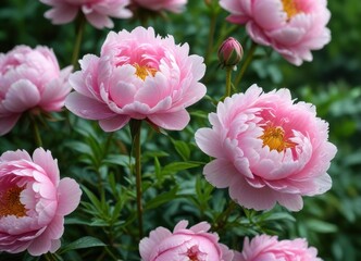 A cluster of delicate pink peonies in full bloom, showcasing their lush petals and vibrant centers, nestled amongst verdant foliage