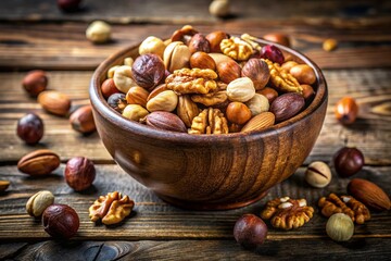 Fototapeta premium Healthy Mixed Nuts in Ceramic Bowl - Brazil Nuts, Walnuts, Almonds, Hazelnuts