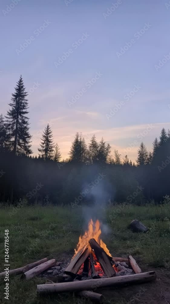 Poster Bonfire burning brightly in a clearing surrounded by a conifer forest at twilight, creating a warm and inviting atmosphere in the wilderness