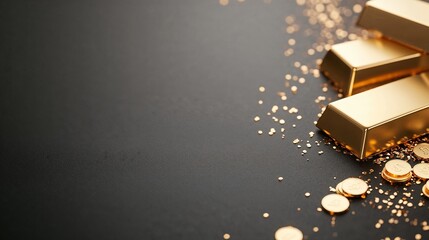 Gold bars & coins on dark surface for elegant website, exclusive advertisement, luxury product display, premium design assets & investment posts,  for articles on finance, economics and presentations