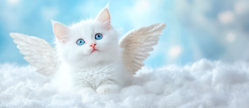 Cute white kitten with angel wings on blue background - Powered by Adobe