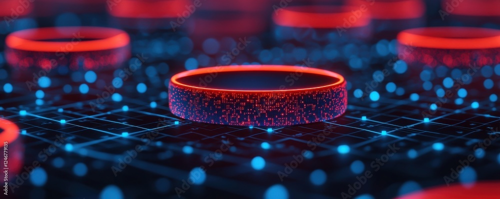 Aufkleber Futuristic digital landscape with glowing circles and a grid pattern, suggesting technology and innovation.