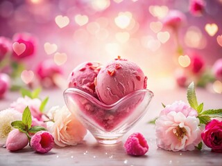 Heart-Shaped Raspberry Sorbet Ice Cream on Pink Background - Double Exposure Stock Photo