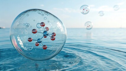 A translucent liquid bubble with molecules floating on a bright blue water background is rendered in three dimensions.