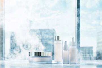 Pollution protection hair care products arranged against urban skyline for vibrant hair