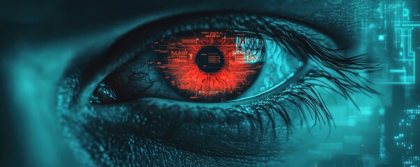A close-up of a human eye featuring a striking red iris, surrounded by digital elements and a futuristic aesthetic.