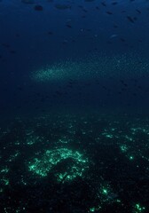 Obraz premium Bioluminescent Organisms in Deep Sea Underwater Scene with Glowing Life Forms, Deep Ocean Exploration, Mysterious and Ethereal, Nature and Science Photography