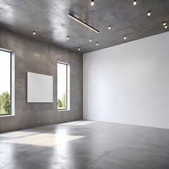 Modern interior with blank white canvas on concrete wall, reflective floor, and geometric ceiling lights in spacious room.