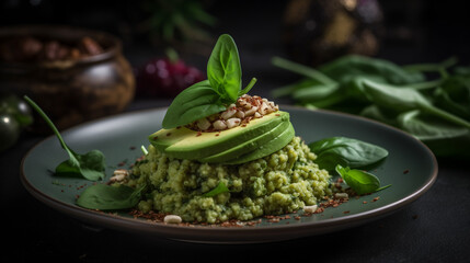 Gourmet green millet dish with avocado, basil, and nuts on a dark plate