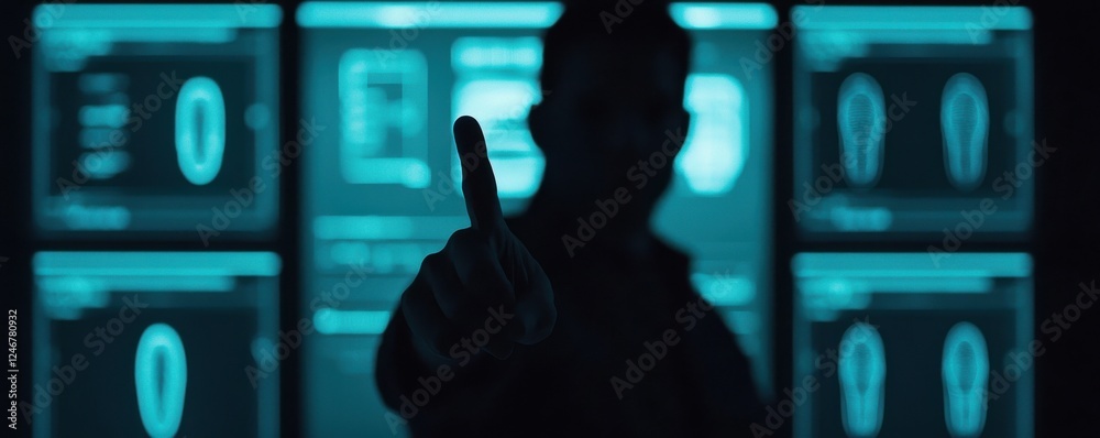 Fototapete Silhouette of a person gesturing with a raised finger, surrounded by glowing digital screens displaying data.