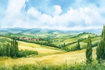 Watercolor Illustration of Rolling Hills and Cypress Trees in Tuscany’s Serene Countryside Landscape. Generative AI
