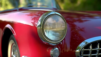 Close-Up of Headlight and Front Lights on Old Red Car in Retro Vintage Style