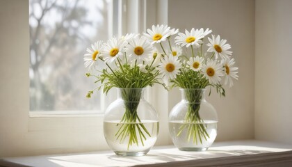 Two bouquets of fresh daisies in clear glass vases on a windowsill bathed in sunlight
