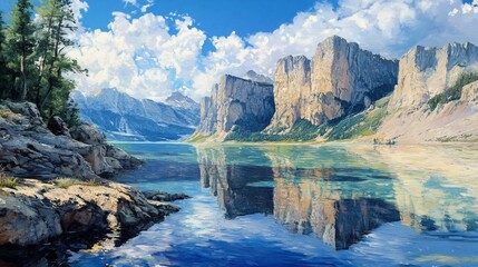 Mountain lake reflection scenic summer postcard