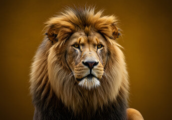 Fototapeta premium Lion with a majestic, regal expression, mane flowing, on a rich golden background