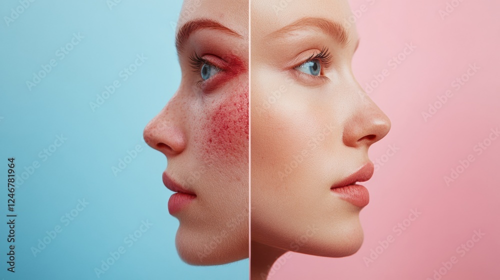 Aufkleber comparison of skin conditions highlighting acne on one side and clear skin on the other with room fo