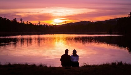 Couple enjoying a serene sunset by the tranquil lake during summer season