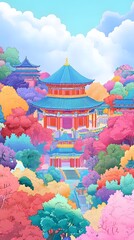 Chinese-style architecture, a temple surrounded by colorful trees and flowers