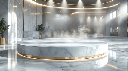 A white marble circular podium with soft gold trims, positioned in a bright luxury showroom.