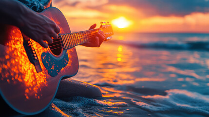 guitarist performing folk song at sunset on beach, creating serene atmosphere