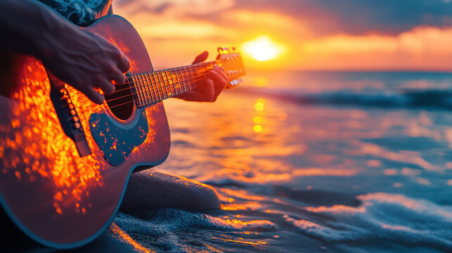 guitarist performing folk song at sunset on beach, creating serene atmosphere