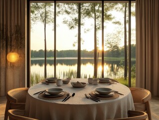 Fototapeta premium A table with a white tablecloth and a view of a lake