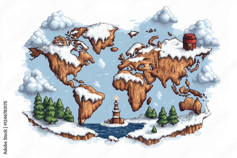 Aufkleber a 8-bit pixel art world map, featuring tiny pixelated landmarks, forests, and oceans, resembling a r