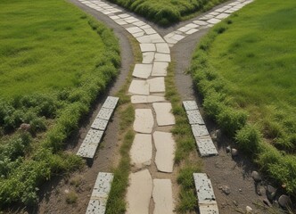 Obraz premium A Serene Landscape Featuring a Stone Path Diverging into Two Directions, Flanked by Lush Green Grass and Low-Lying Shrubs