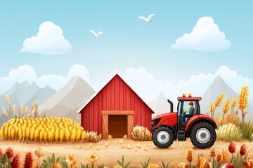 A 8-bit pixel art of a small farm, featuring pixelated crops, a tiny barn, and a cute little tractor moving across the field
