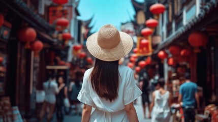 asian woman walking on a busy street in a Chinese city. She is wearing a white dress and a straw hat, and her back is facing the camera