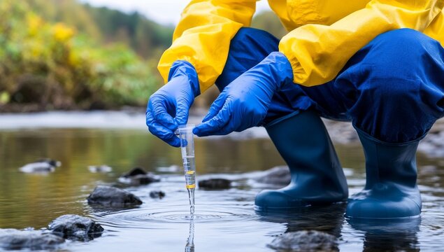 Close-Up of Hands in Protective Gloves Holding a Test Tube for Water Sampling
